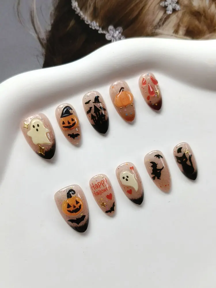 10 Stück 3D Geister-Kürbis Katzenaugen-Kunstnägel mit rauer Textur, Halloween-Nägel, europäische & amerikanische Nagelaufkleber, künstliche Nägel