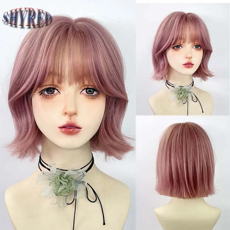 

Synthetic Short Curly Bob Wigs with Bangs Thin Rattan Pink Purple Lolita Cosplay Wigs for Women Daily Party Fake Hair