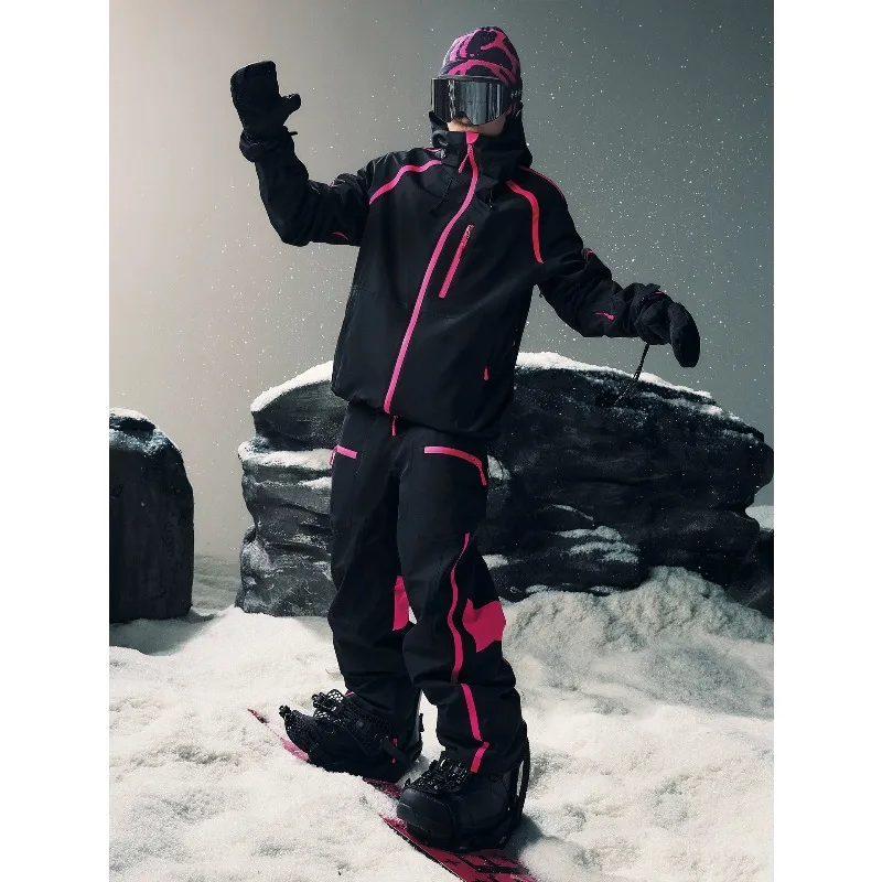 Unisex Colorblock Snowboard Ski Suit Set, Synthetic Insulated Waterproof Jacket & Bib Pants Two-Piece
