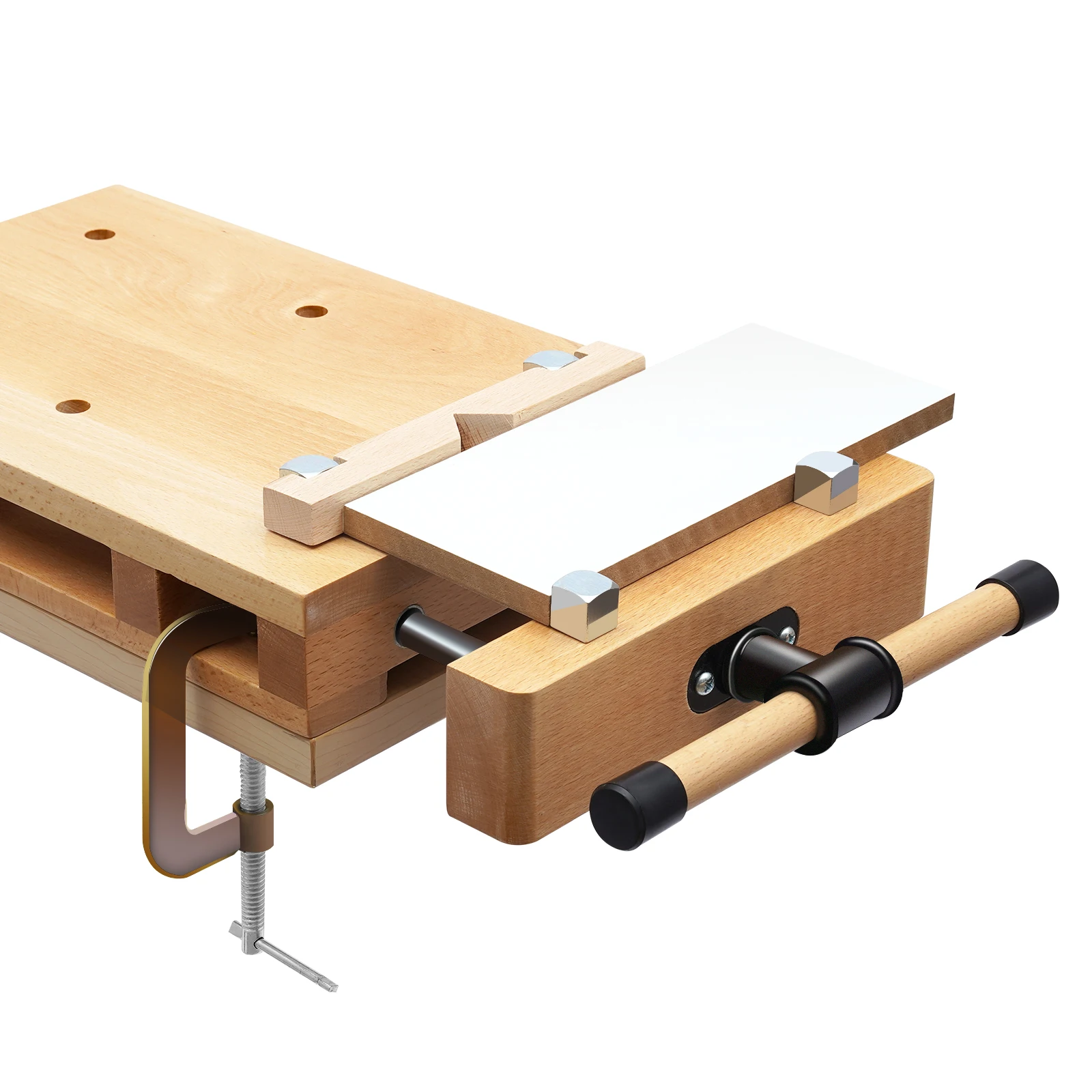 Beech Wood Vise Workbench – 20.8"X11"X2.7" – 4 Metal Limit Blocks – G-Clamps – for Chiseling Planing Sawing – Woodworking