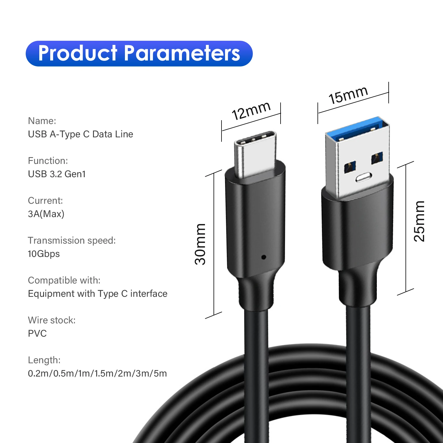 USB3.2 10Gbps Cable USB Type A to USB C 3.2 Gen2 Cable Data Transfer USB C SSD Hard Disk Cable 3A 60W QC 3.0 Fast Charging 3m 5m