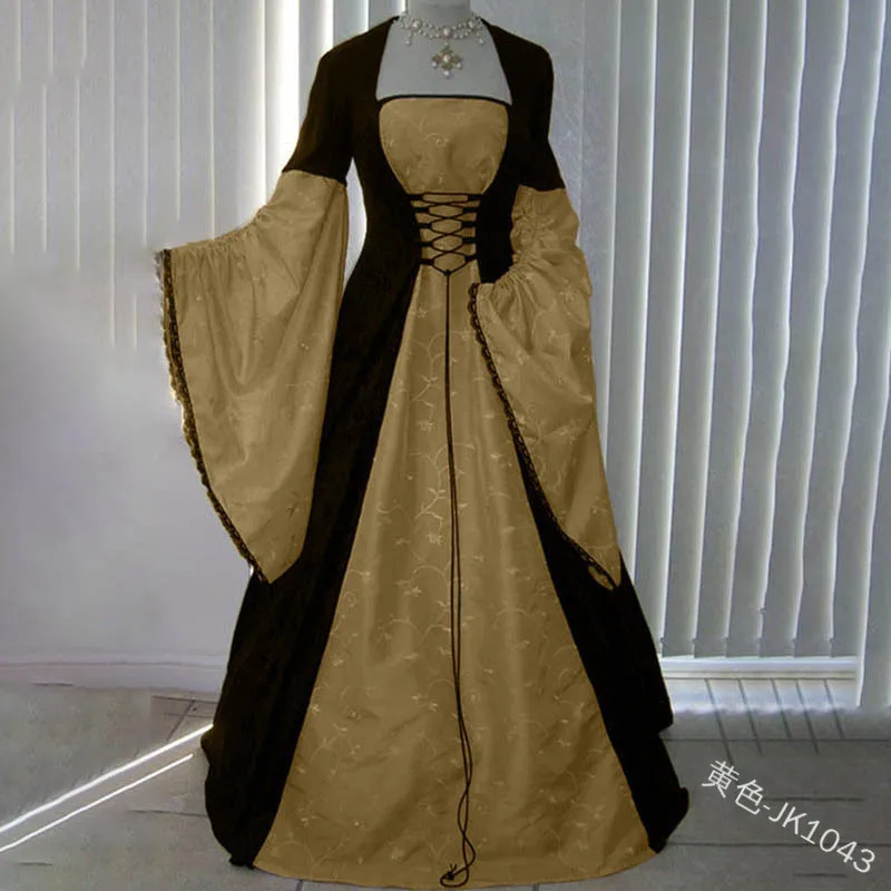 Cosplay Costume Retro Long Dress Medieval Color Matching Waistband Renaissance Long Dress