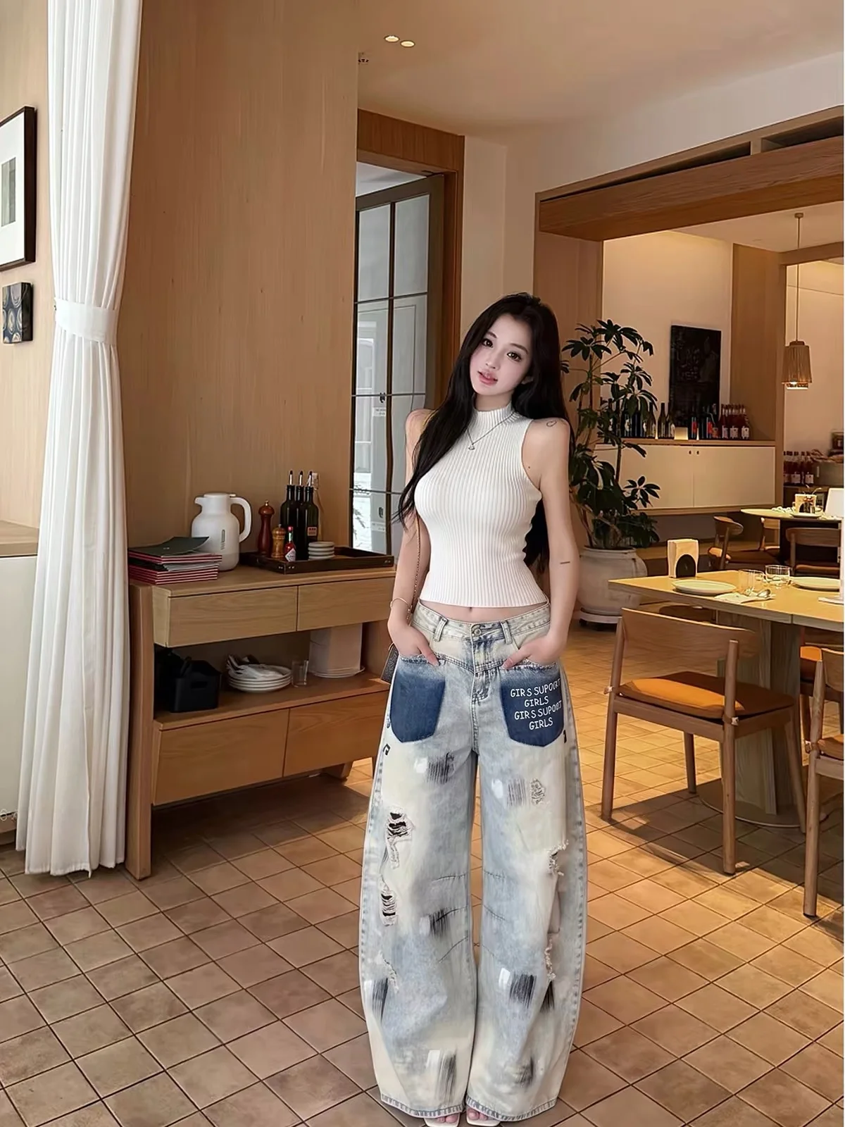 High Waist Wide Leg Pants Women's Summer 2026 New Style Trendy Lacework Draping Long Trousers Knife  Cuffed Jeans