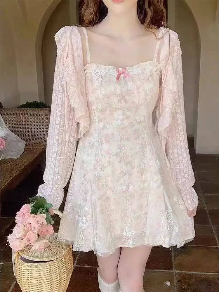 

Kawaii японский розовый тонкий комплект из 2 предметов, женский шикарный кардиган с длинным рукавом и цветочным принтом, кружевное платье с бантом, женские милые праздничные наряды