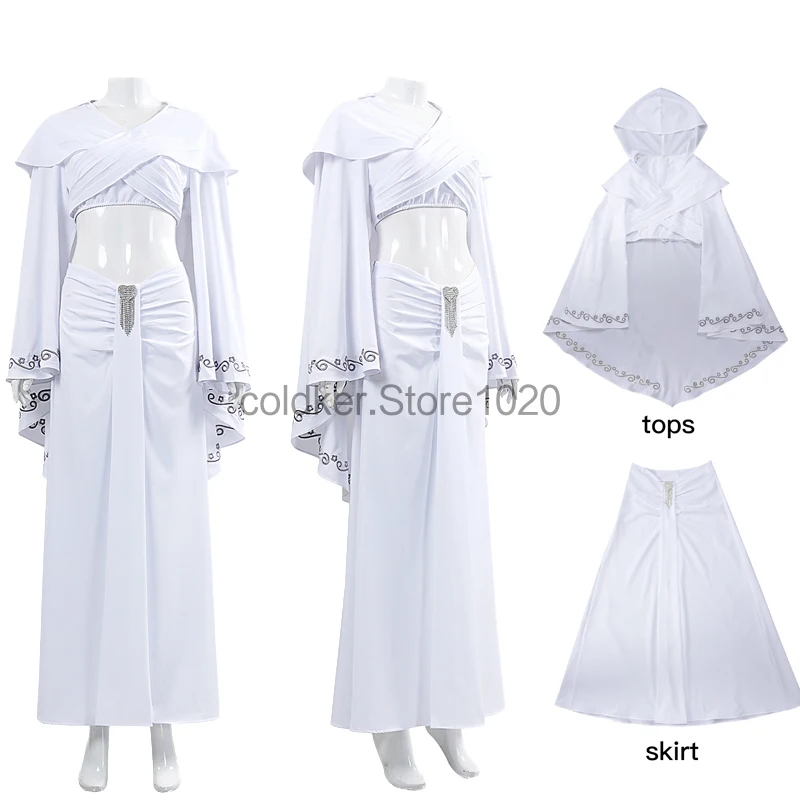 

New Movie Amidala Cosplay Costume for Women White Hooded Tops with Skirt Set Halloween Carnival Party Roleplay Outfits