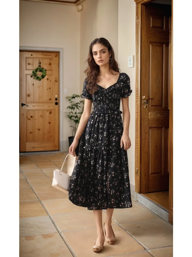 Damska długa sukienka 2025 letnia szyfonowa czarna kwiatowa szczupła Boho plażowa odzież uliczna wakacje