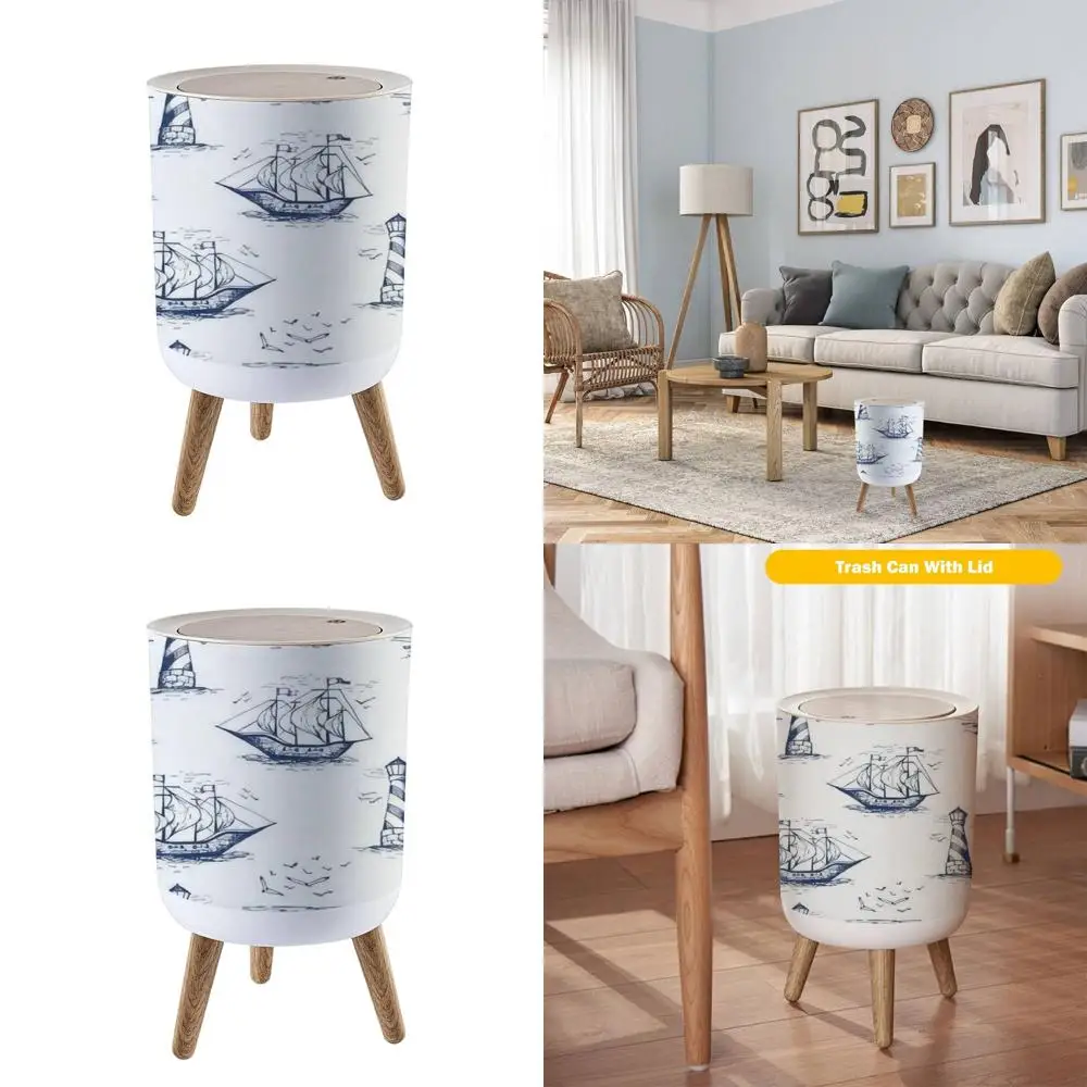 

Vintage Nautical Toile Lighthouse Waste Bin with Lid, Wooden Legs for Kitchen or Bathroom