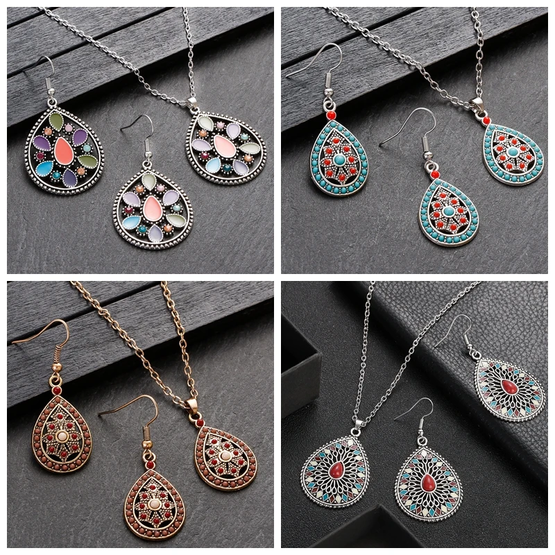 Boho Hollow Geometric Water Drop Jewelry Set for Women Colorful Beads Flower Earring/Necklace Sets Vintage Wedding Party Jewelry