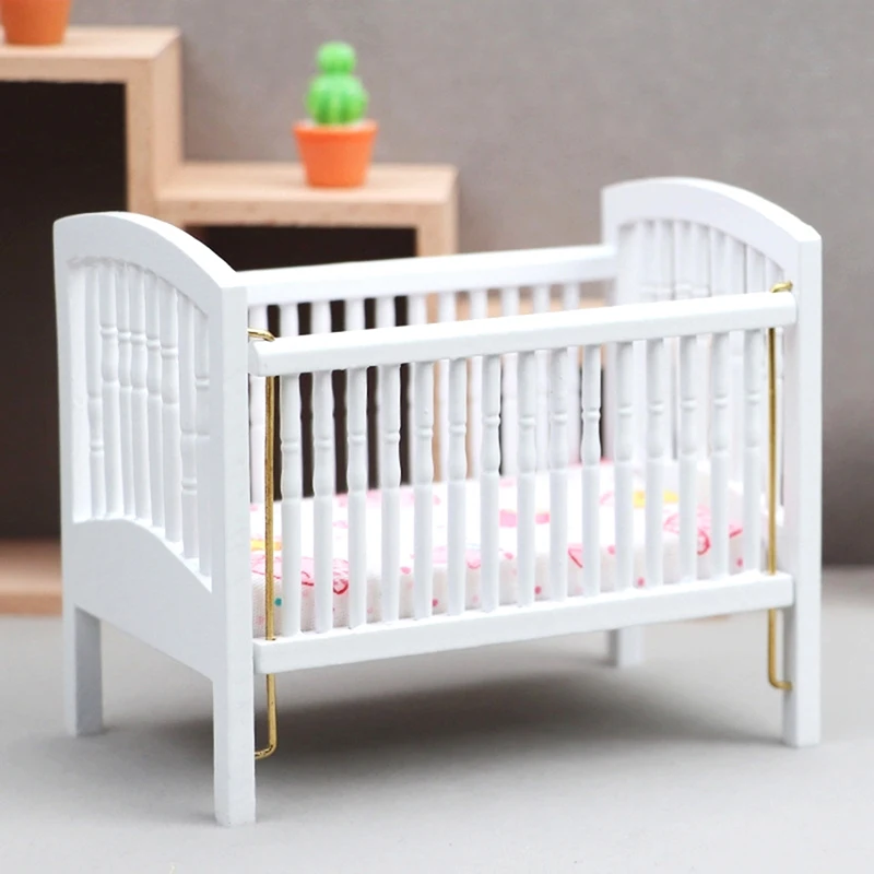 1:12 Dollhouse Miniature Bed Baby Crib White Baby Bed Furniture Bedroom Model Decor Toy Doll House Accessories