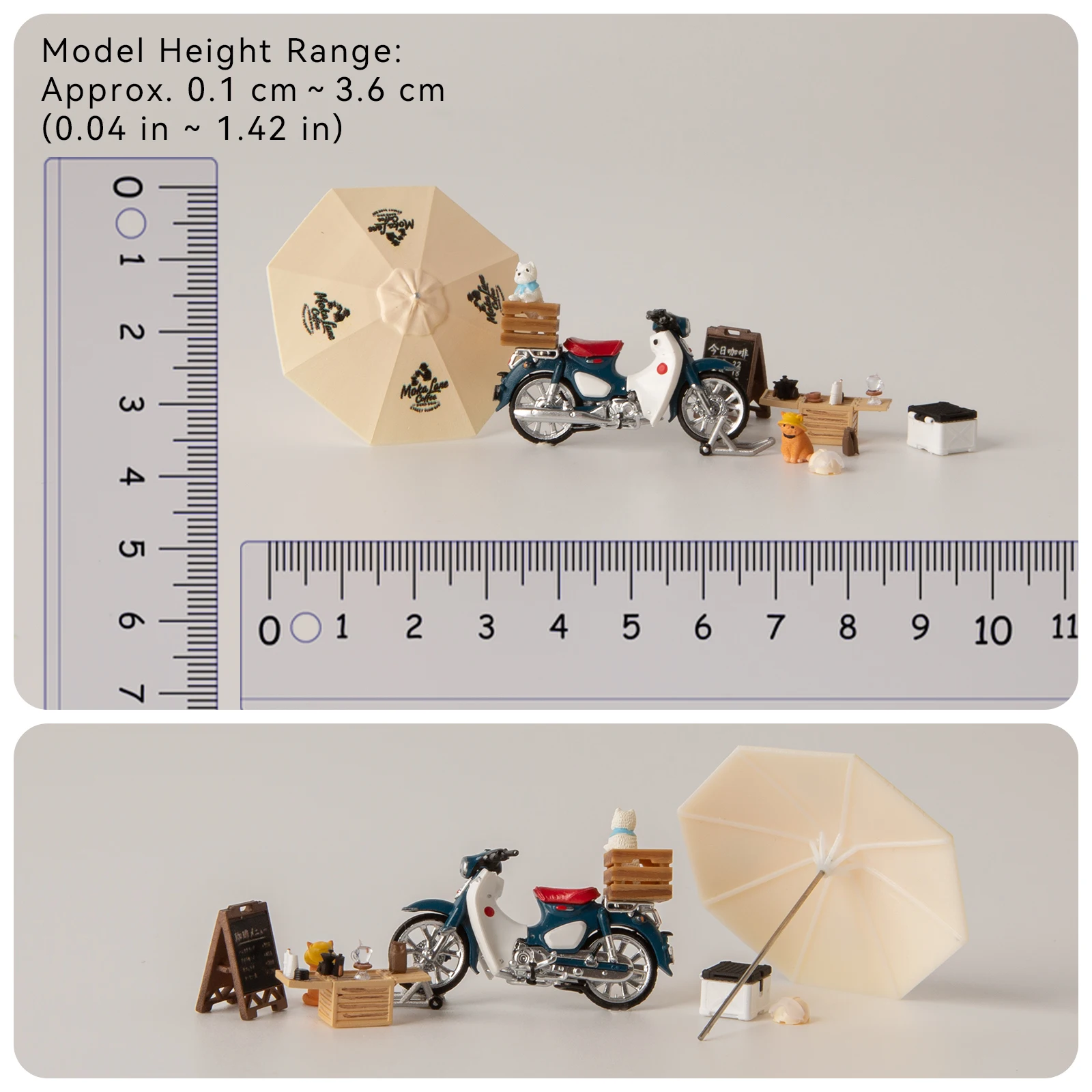 1/64 Scale Motorcycle Coffee Cart Set with Umbrella Cats and Menu Board Miniature Street Cafe Props for Diecast Cars AFA