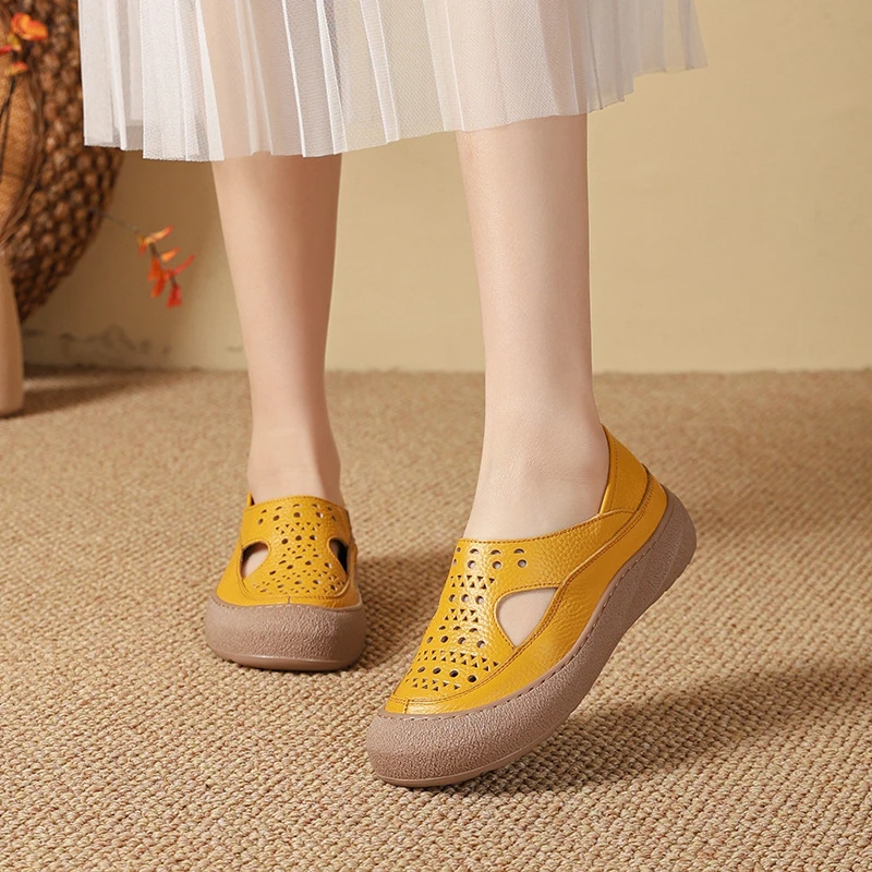 Mori Girl Perforierte Schuhe aus echtem Leder für Damen, faltbare Ballerinas mit Ausschnitt, klobige Loafer, gewellte, atmungsaktive Mokassins – Detail 9