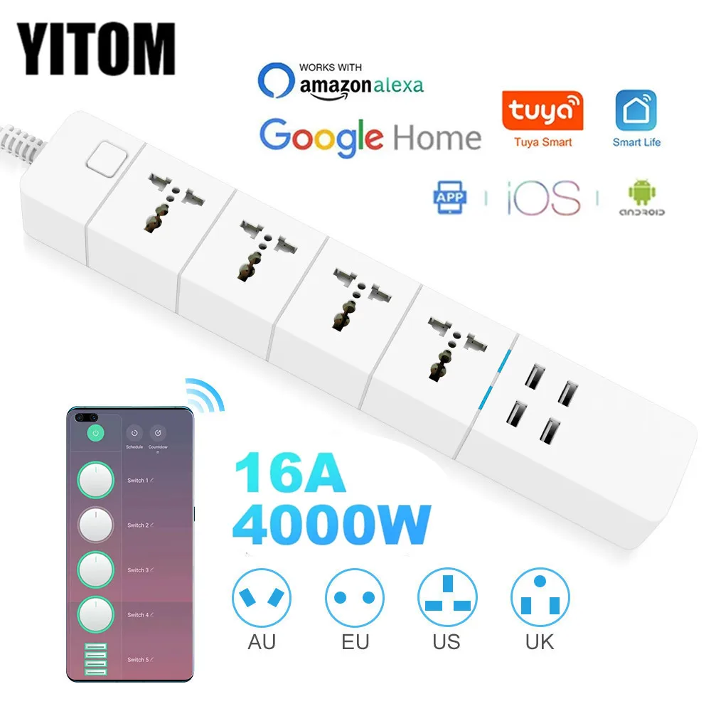 WIFI Smart power strip Universal 1.8/M/3.0M/5.0M with alexa googlehome multi plug  4 AC Socket 4 USB voice contro UK/EU/US/AU