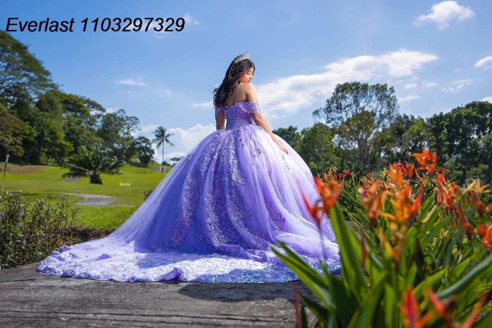 EVLAST Customized Glitter Lavender Quinceanera Dress Ball Gown Lace Applique Beaded Corset Sweet 16 Vestido De 15 Anos QD1184