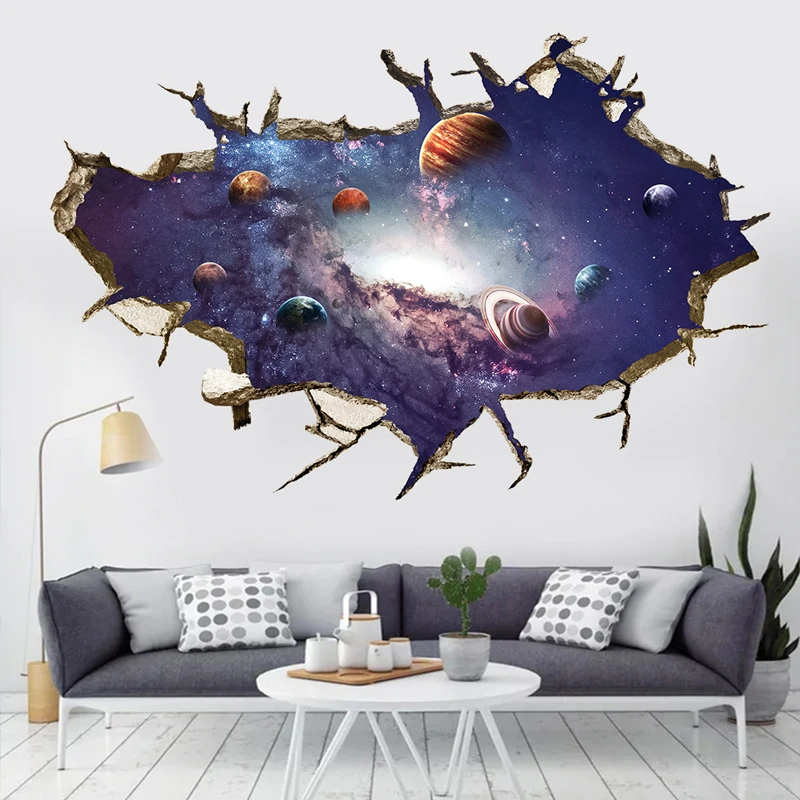 Cosmic Planets Vinyl Wall Hole Art Galaxy Sun Earth Moon Mural Stickers for Home Decoration Aesthetic Room Kids Puzzle Wallpaper