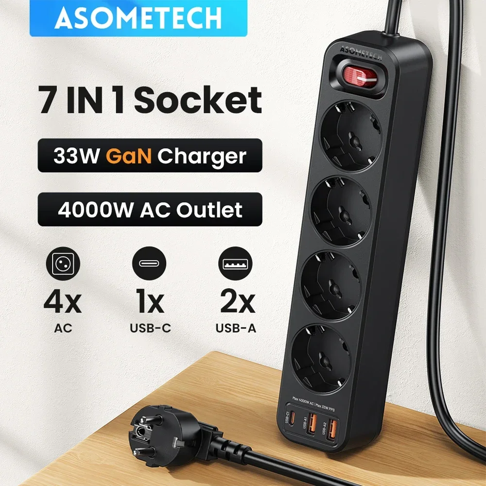 EUプラグ付き電源タップ,4つのUSB出力を備えた4つのコンセント,1.5mコード,電気ソケット,pd,33w,急速充電,サージ保護,4000w