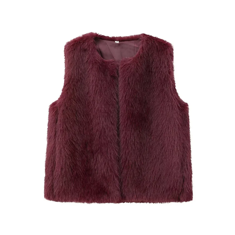 Guobioziy Women's Jacket 2026 Autumn/Winter New Simple and Versatile Round Neck Solid Color Faux Fur Vest Jacket
