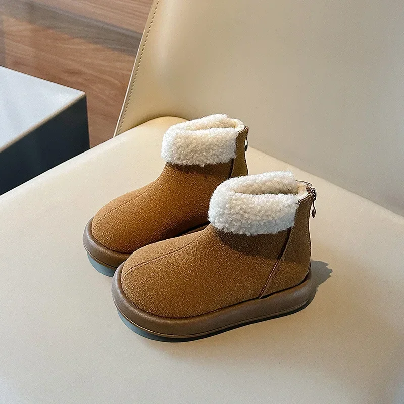 Botas de invierno para niña al aire libre, botas de nieve simples de tendencia para niños, botas de algodón informales de felpa con parte inferior gruesa, cálidas y suaves con cremallera