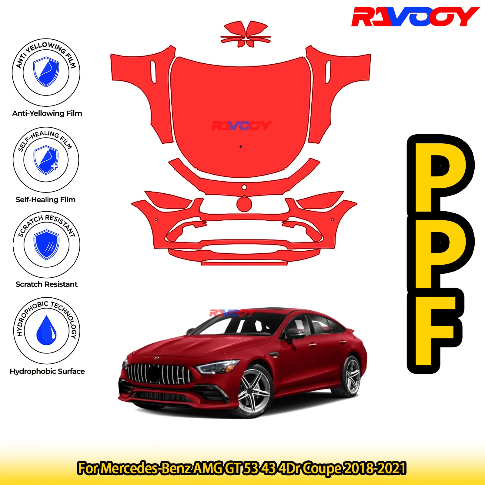 

Для Mercedes-Benz AMG GT 53 43 4Dr Coupe 2018-2021, глянцевая матовая черная предварительно вырезанная передняя защитная пленка PPF, комплект