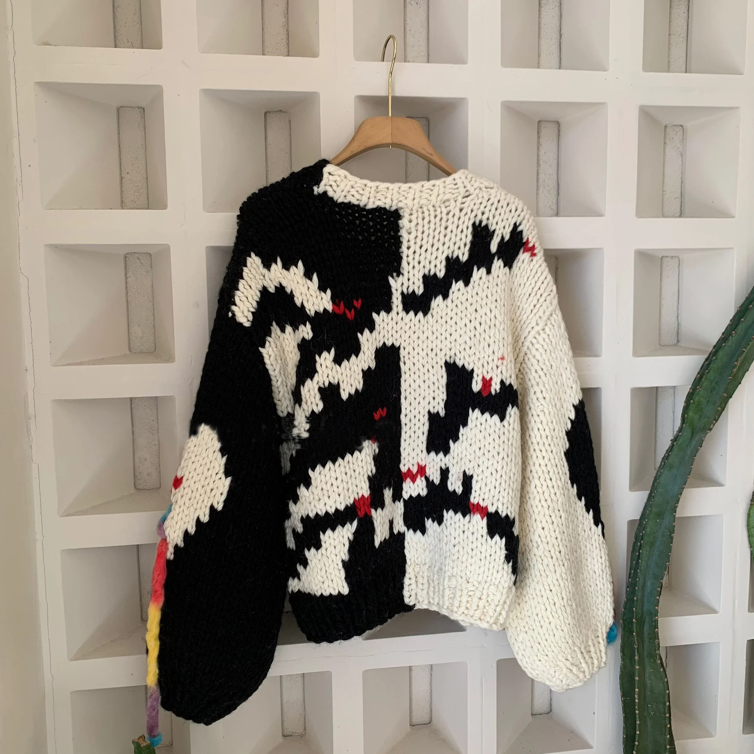 Women Multi Color Tassels Chunky Cardigan 2024 Autumn Winter Handmade Sweater Jumper Outwear Niche Design