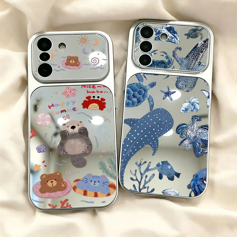 Ocean Animal Makeup Mirror Phone Case For Samsung A57 A56 A17 A07 A37 S26 S25 S24 Ultra FE A16 A55 A54 A36 A06 Anti-droop Cover