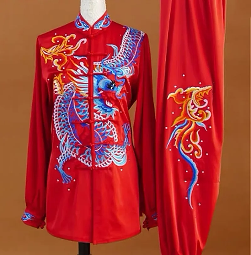 Embroidered Red Dragon Tai Chi Uniform Qigong Dance Suit Tai Chi Baduanjin Team Competition Performance Costume Men Women Custom