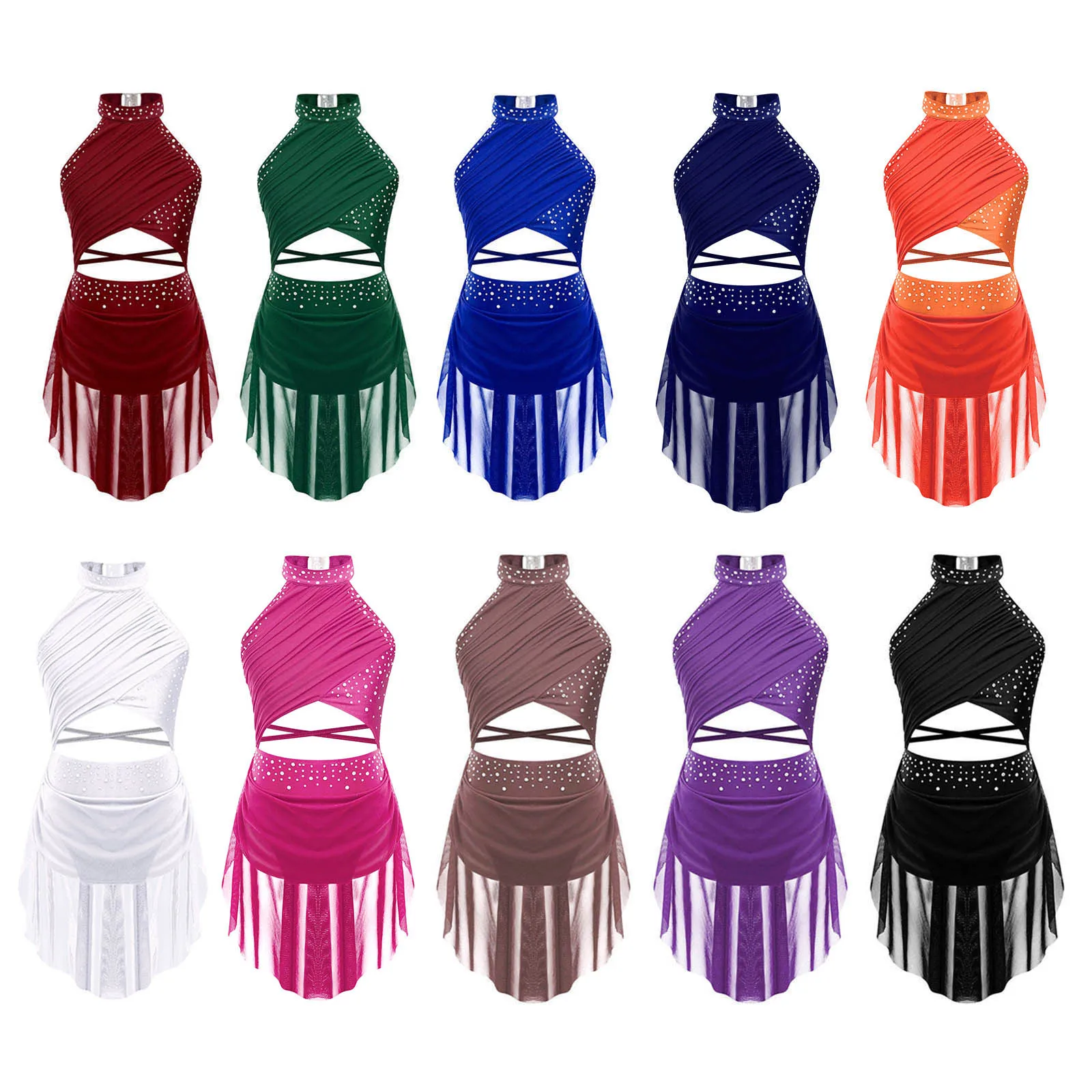 Kids Girls Ballet Leotard Dress Sleeveless Lyrical Dance Ballerina Costume Sparkling Rhinestone Dress for Ice Skating Show