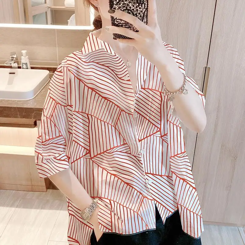 Korean Casual Striped Spliced Commute Blouse Female Clothing Single-breasted Fashion Polo-Neck Summer Half Sleeve Loose Shirt