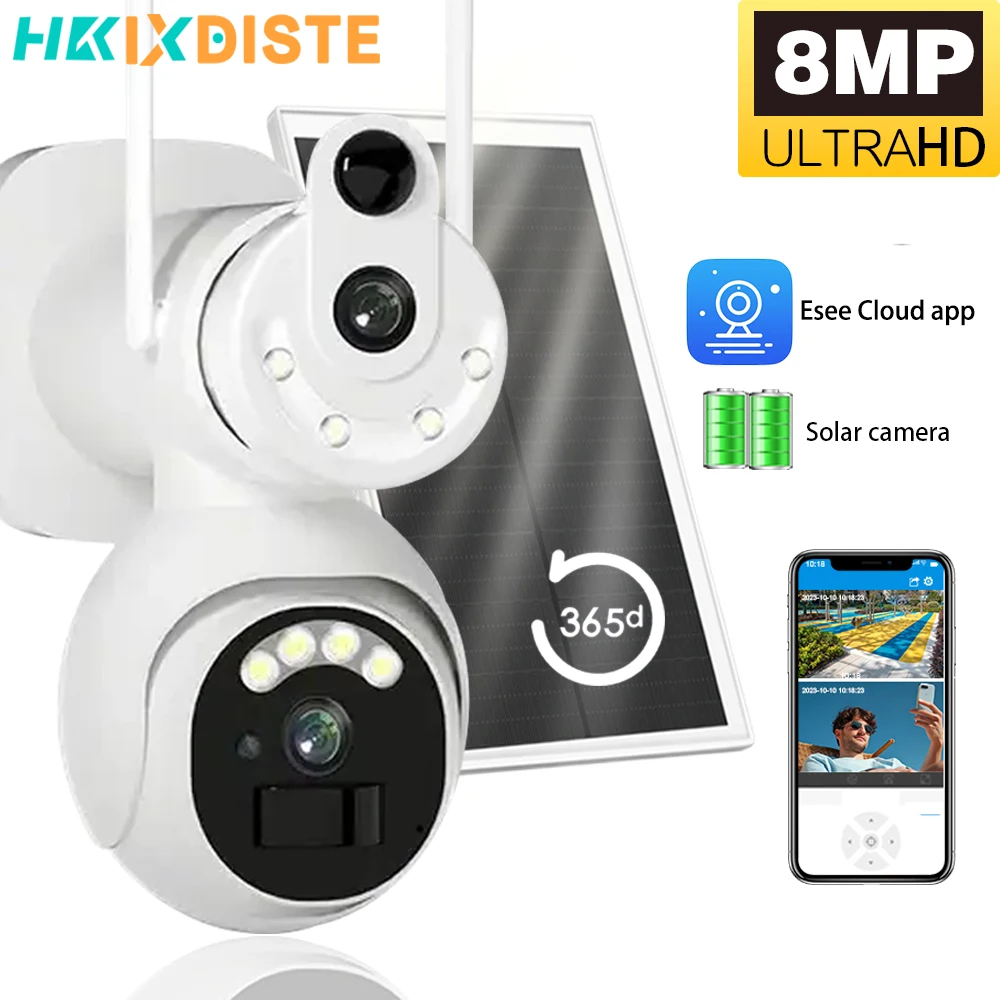 

8M HD Solar WiFi Camera Outdoor Built-in Battery Dual Lens 8MP Security PTZ Camera Solar Panel Wireless Video Surveillance CCTV