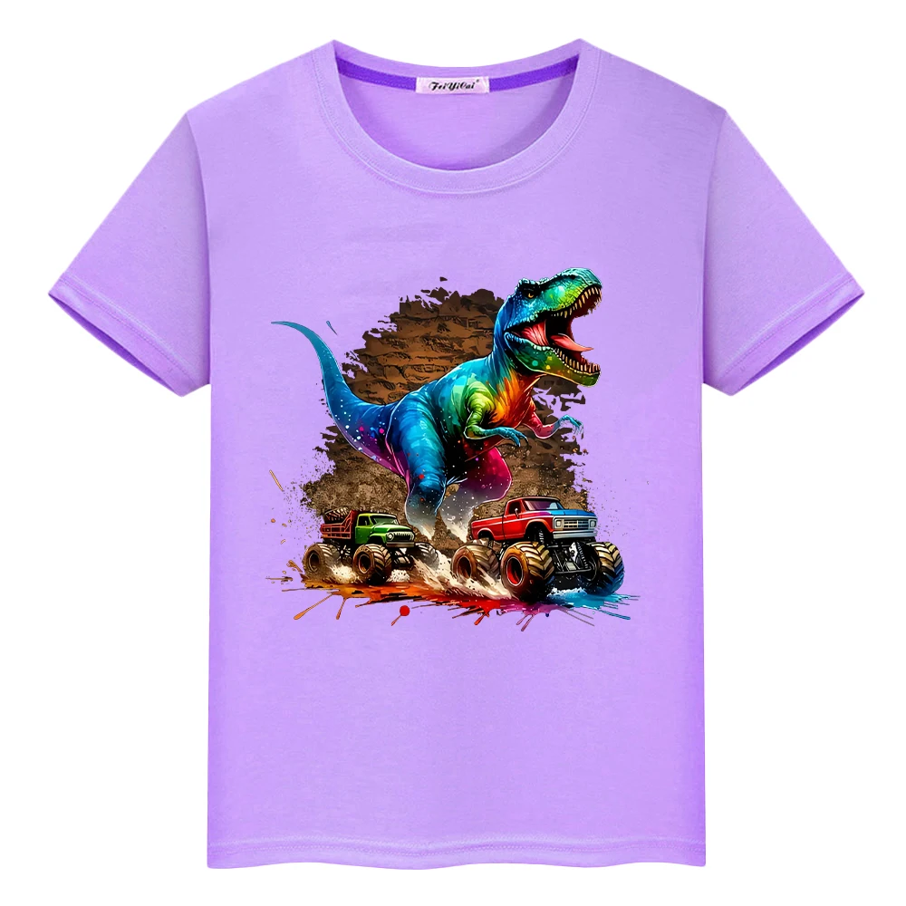 Dinosaur Car print t shirt for kids boy 10year anime Short y2k one piece 100%Cotton Tops Kawaii Tees pride tshirt girls clothes