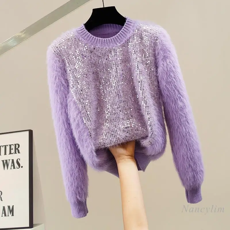 

Soft Mohair Sweater Women's Korean Fashion Heavy Industry Sequined Temperament Slim-fitting Versatile Top Sort Knitwear 2025