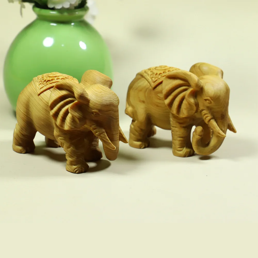 Golden Sandalwood Carved Elephant Figurine Auspicious Blessing Home Living Room Decor Lucky Elephant Craft Collectible Gift