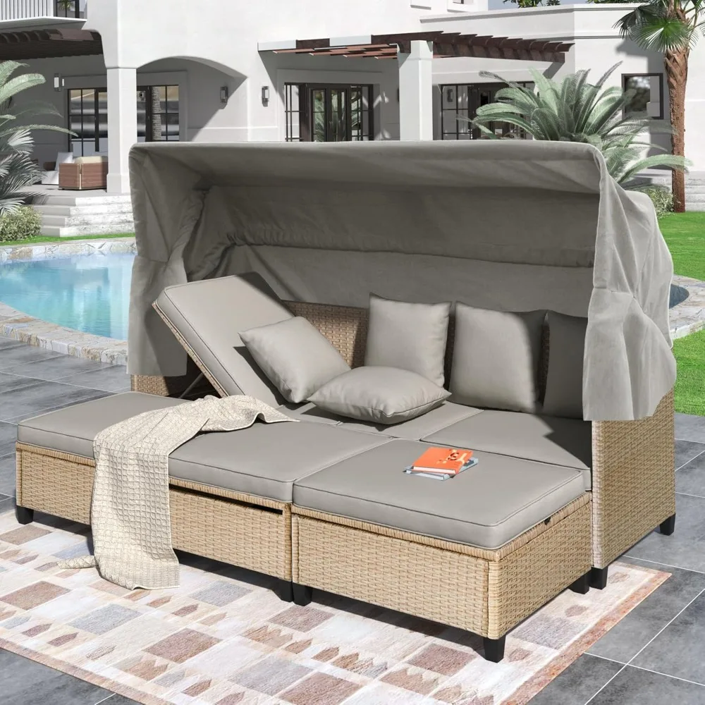 

Rattan Outdoor Daybed with Retractable Canopy, 4 Pieces Patio Furniture Sets, Outdoor Sectional Sofa Set with Adjustable Backres