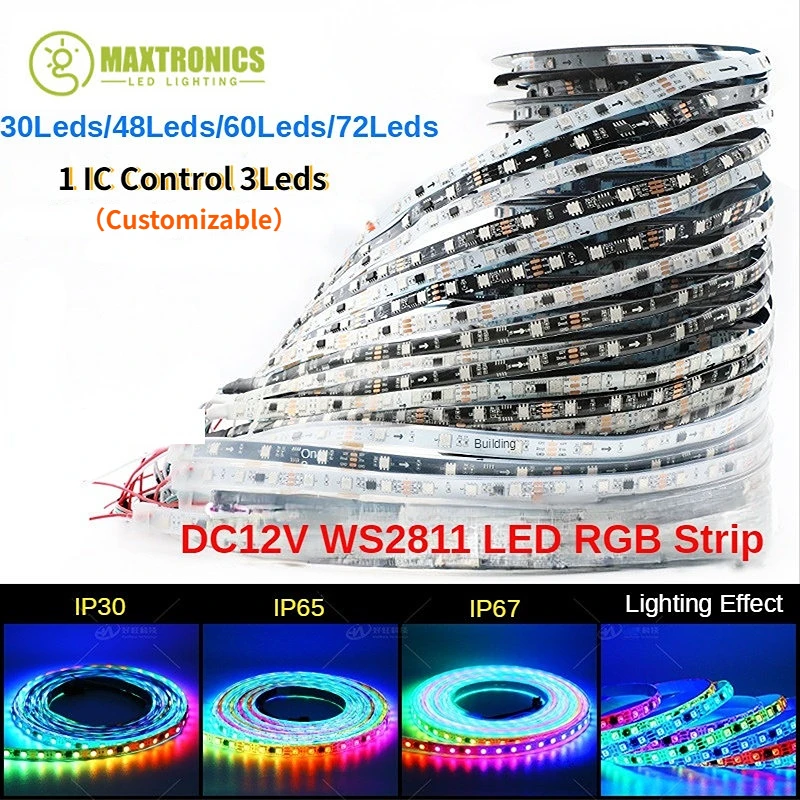 WS2811 RGB LED Strip Lights 5050 SMD Smart Addressable 30/60 LED/M External 1 IC Control 3 Leds White/Black PCB Led Tape 12V DC