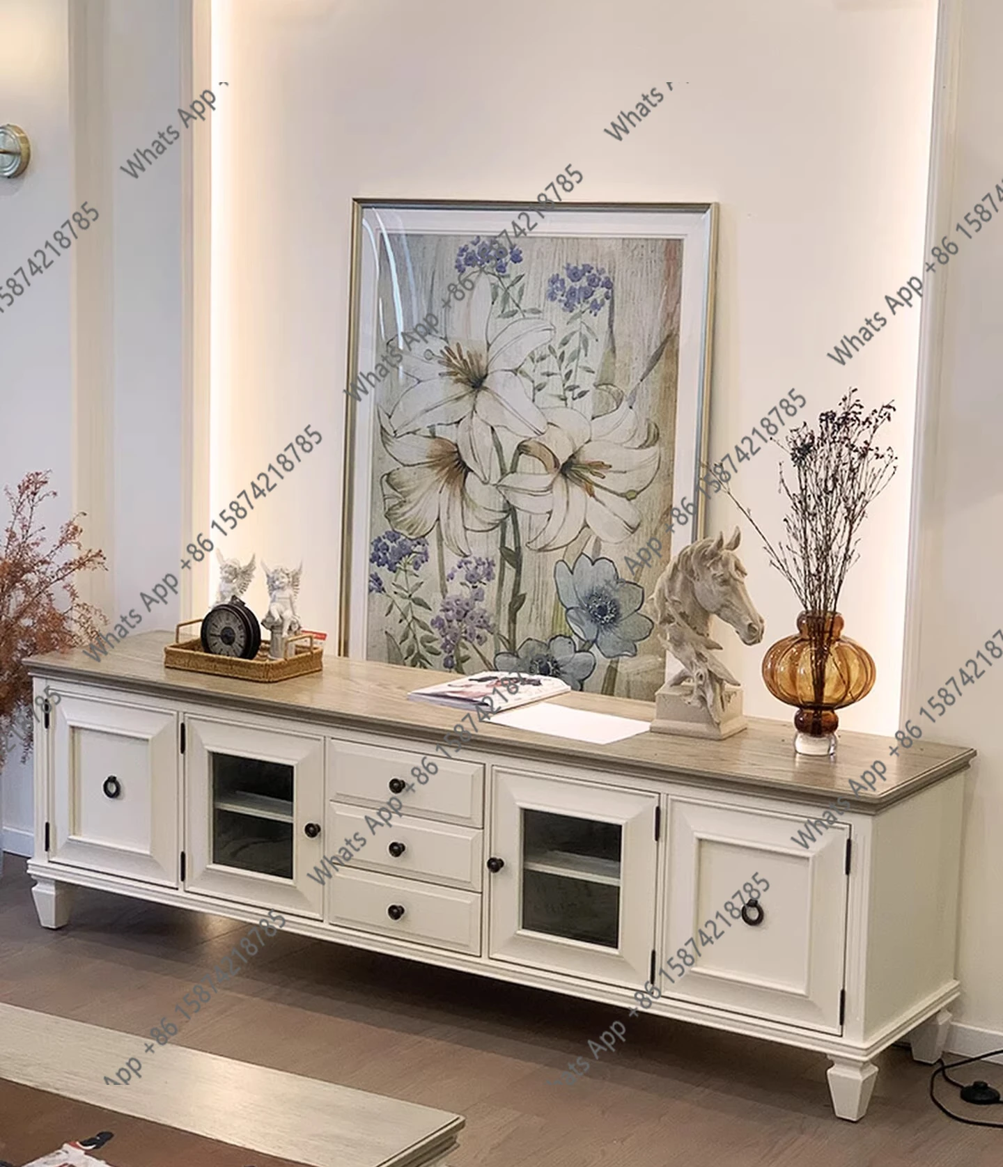 American TV cabinet pure solid wood cream white high audio-visual cabinet living room furniture coffee table combination