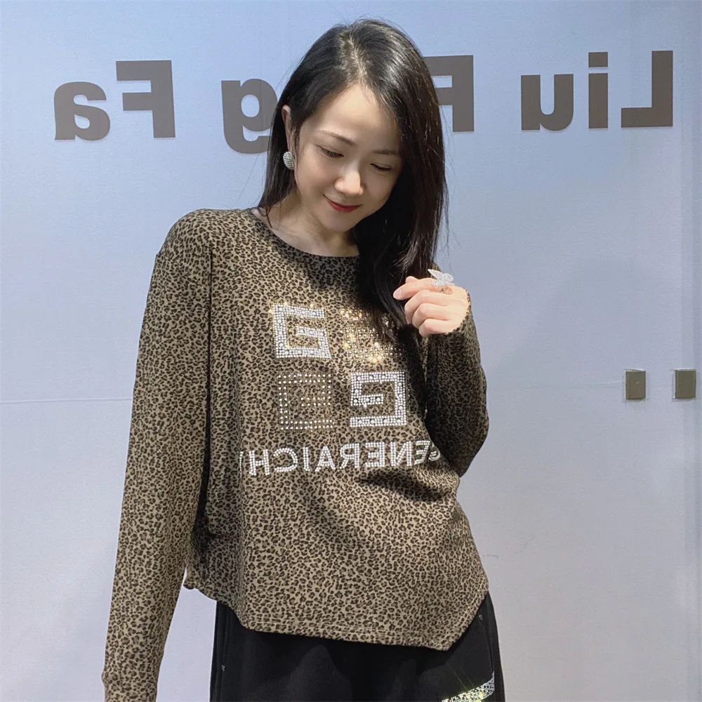 

Пуловер с леопардовым узором и воротником-стойкой, футболки, женская осенне-зимняя верхняя одежда, повседневные топы с длинными рукавами, одежда Y2k, высокая эластичность