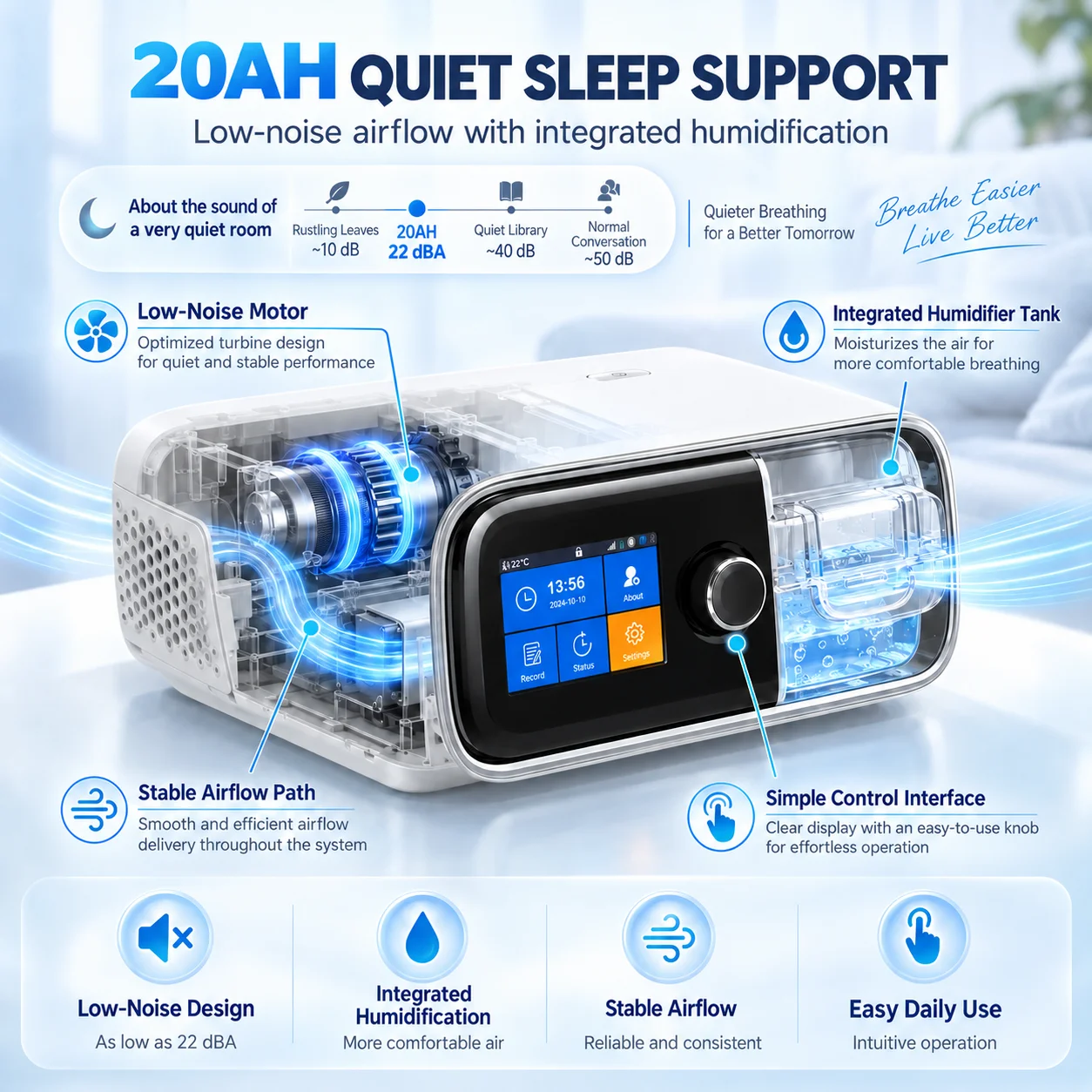 Resoxy DS6/20AH Auto CPAP Machine Automatic Pressure Adjustment Device 28dB Low Noise with SD-card For Home Travel Sleep