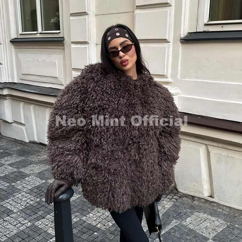 Neo Mint Winter 2026 Hot Chocolate Fluffy Chunky Sheep Fur Coat Women Oversized Overcoat Outerwear Ins Street Fashion Fur Jacket