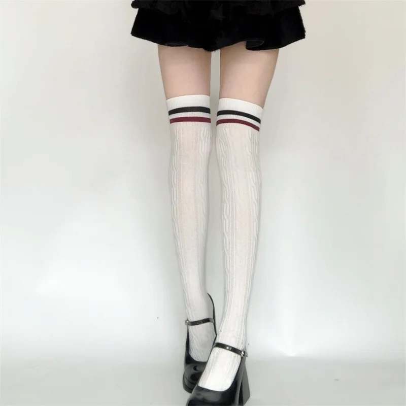 

Lolita Chain Pattern High-Elasticity Thigh High Stockings Preppy Style Horizontal Striped Color-Blocked Summer Over Knee Socks