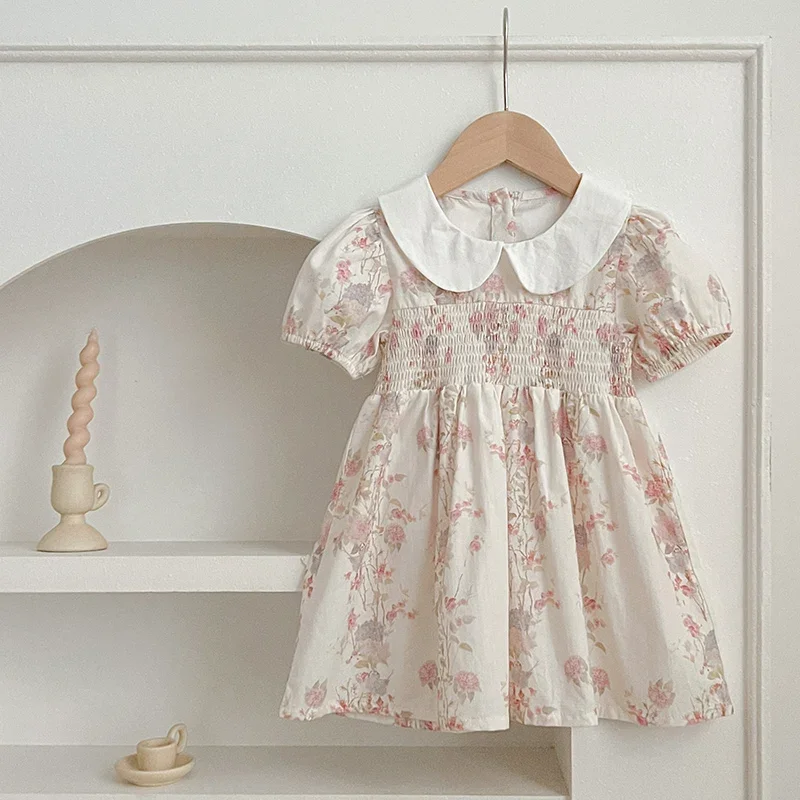 Fashion Girl Dress Pink Flowers Retro Lace Dress Cotton Princess Vestido Casual Round Neck Summer Dress New Sweet Kids Clothes