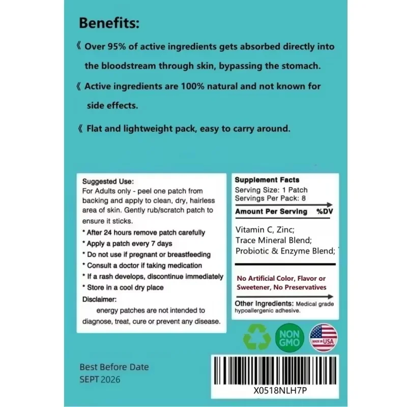 Zinc + Vitamin C Transdermal Patches, Trace Minerals & Probiotics, Brain Health, Immune Support