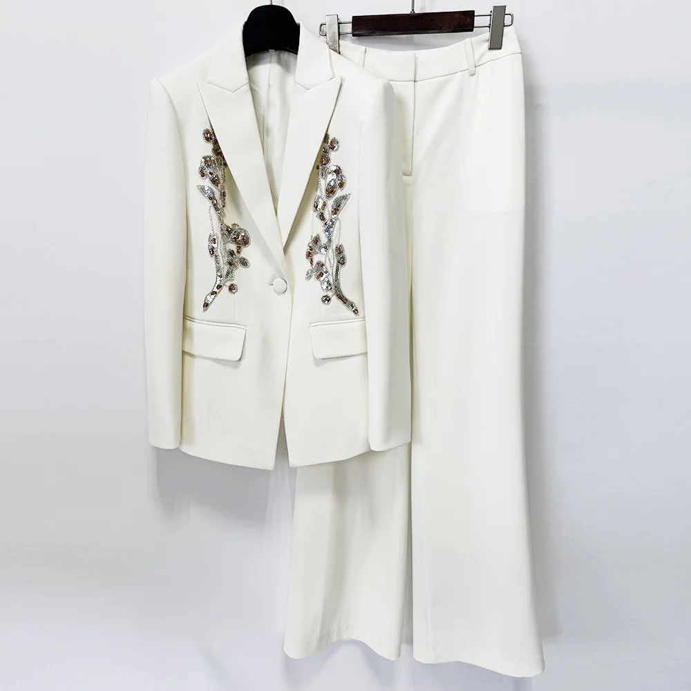2026 Lady European Stylish Fine Workmanship Sequined Notched Single Button Blazer Flared Pants Women Office Solid Suit