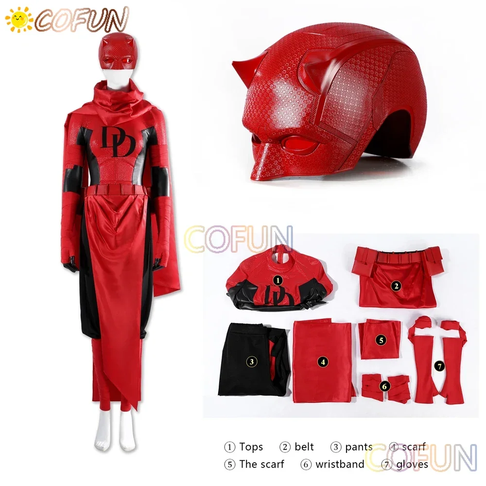

COFUN Superhero Elektra Cospaly Woman Daredevil Costume Halloween Women's Fantasy Uniform Helmet Shoes Scarf Belt Glove Prop