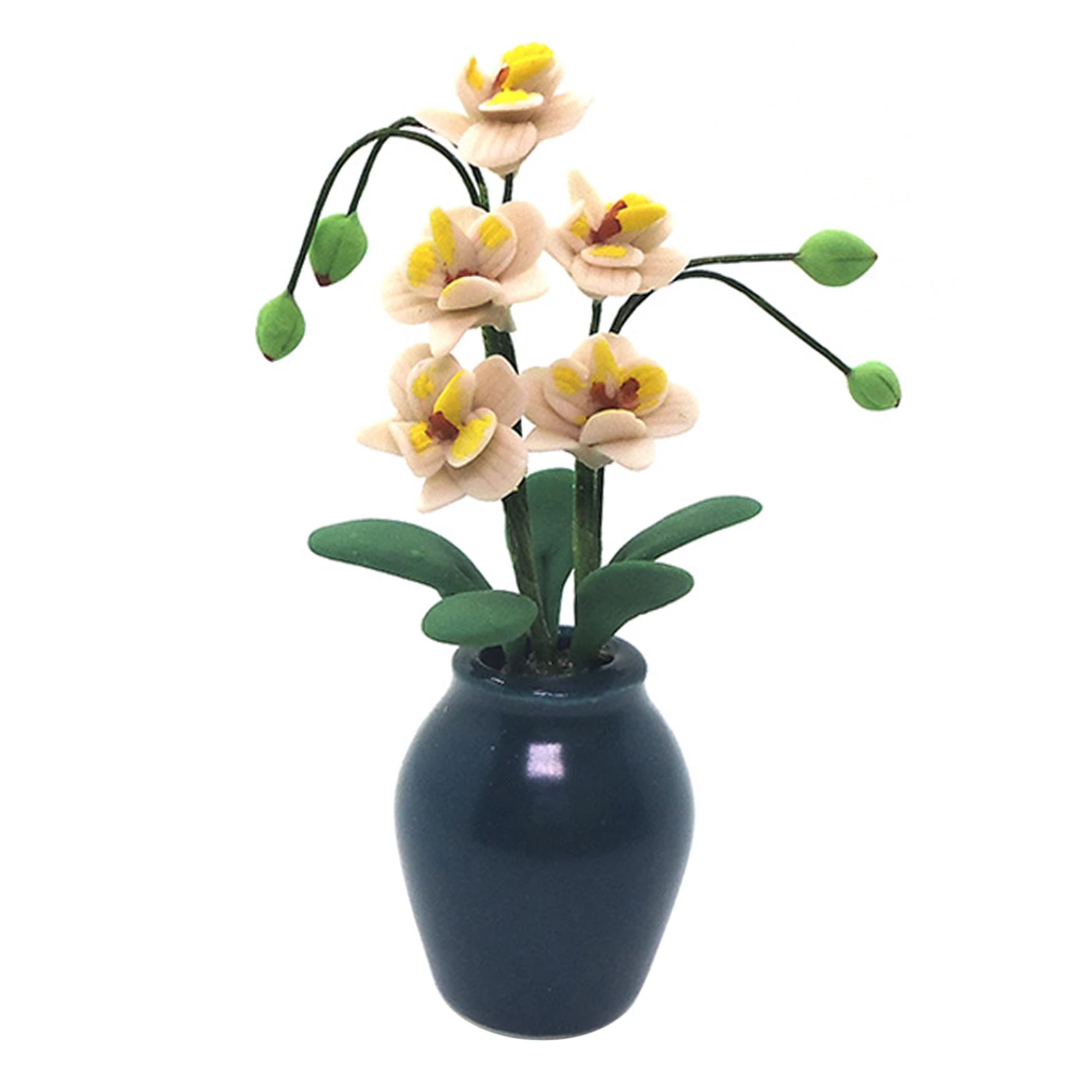 1/12 Mini Clay Magnolia Potted Plants Simulation White Phalaenopsis Flower Model for Doll House Decoration