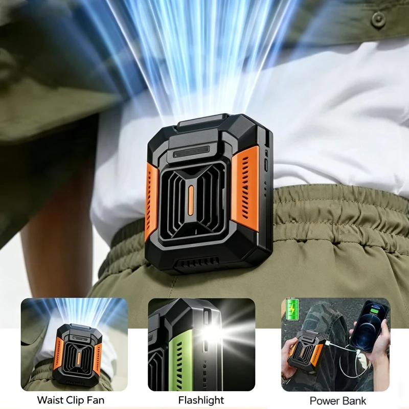 6000mAh Portable Waist Clip Fan USB Rechargeable Power Bank LED Light Mini Hanging Neck Fan for Outdoor Camping Work