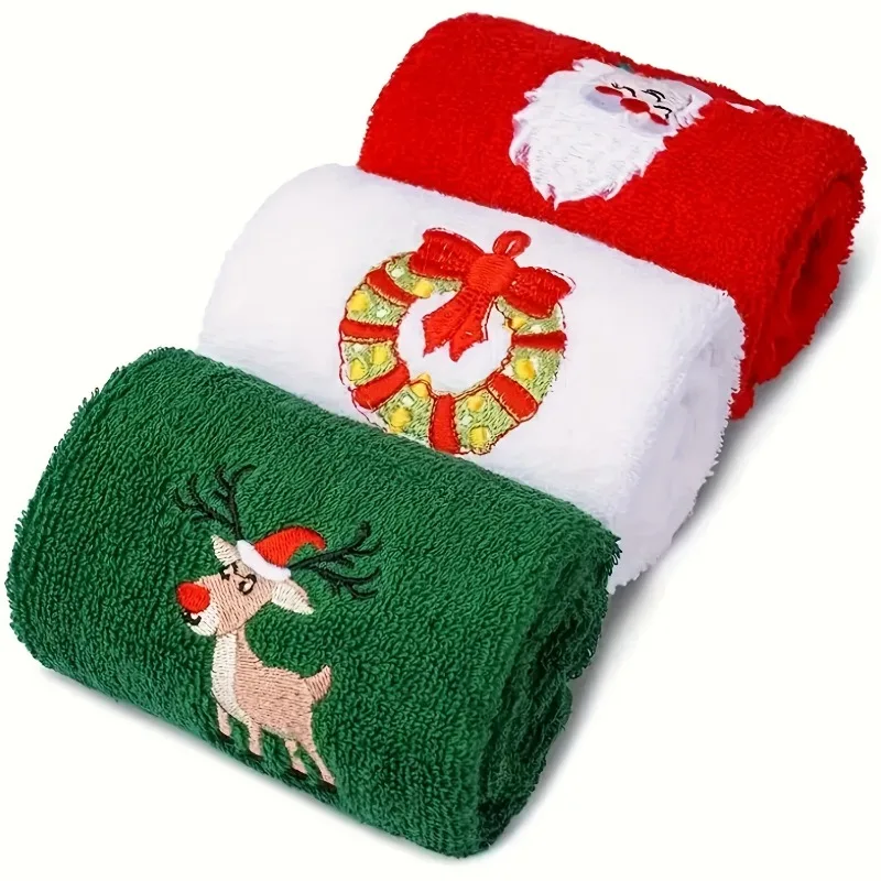 

Merry Christmas Kitchen Towels Soft Absorbent Cotton Hand & Bath Towels with Santa Claus Elk Bell Design Christmas Gift