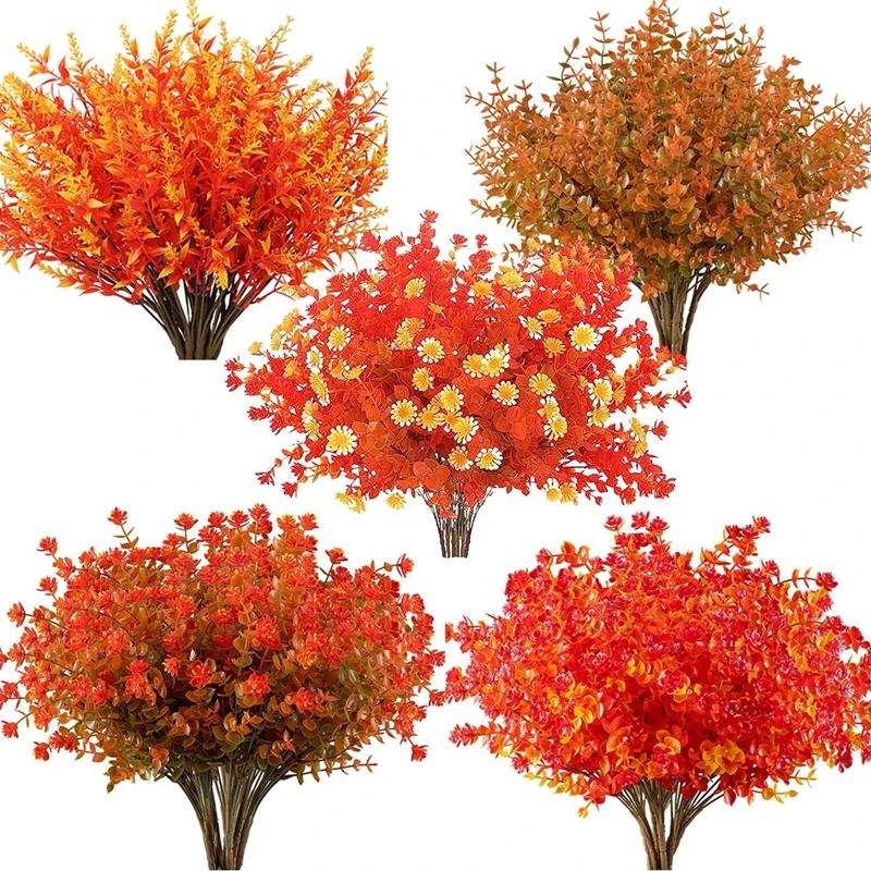 Autumn Artificial Flowers Bouquet Orange Fake Eucalyptus Plant for Home Room Decor Garden Wedding Halloween Christmas Decoration