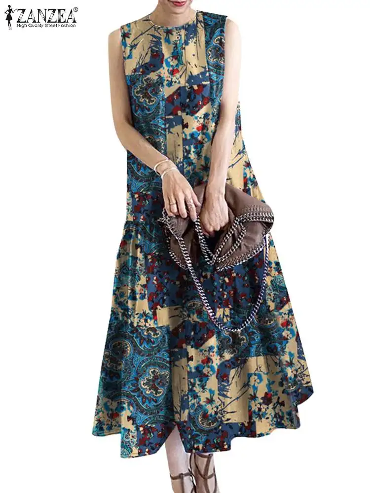 ZANZEA Women Bohemian Holiday Midi Dress Casual Loose Party Vestido Vintage Summer Sleeveless Floral Printed Sundress Robe Femme