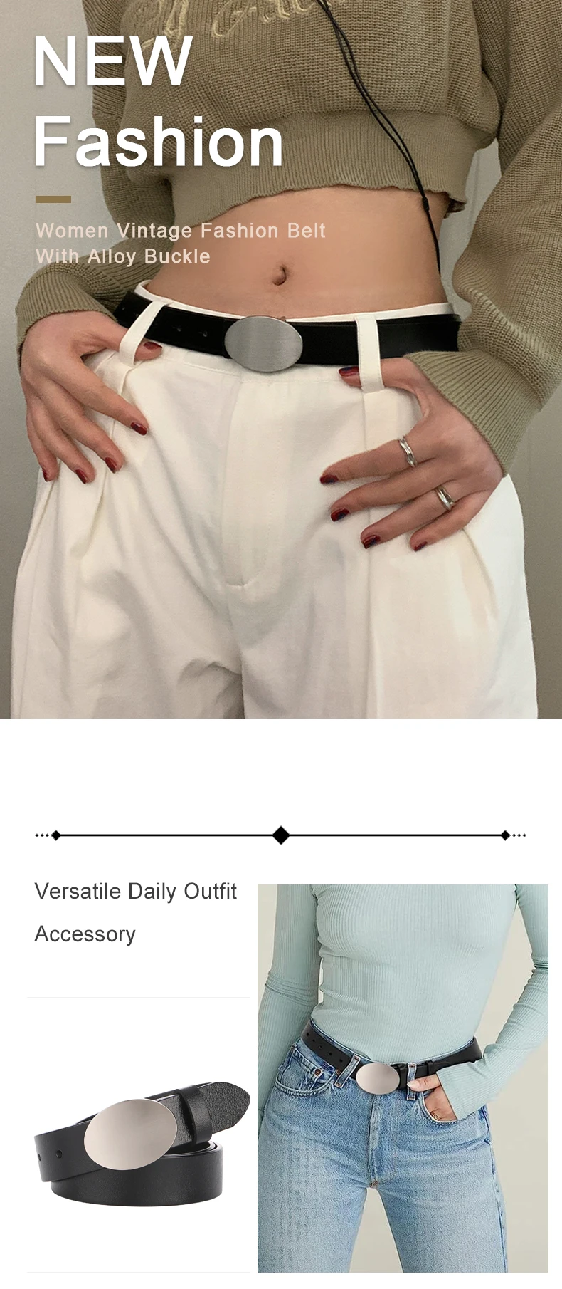 Damen-Gürtel aus schwarzem Leder, ovaler silberner Metallschnallengürtel, Vintage-Damenbund für Jeans und Hosen – Detail 1