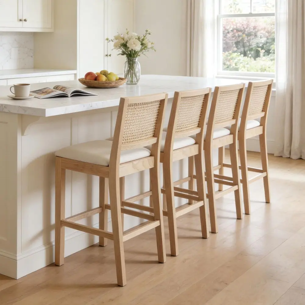 

Counter Height Bar Stools Set of 4,Upholstered Linen Fabric Barstools with Cane Back Solid Wood Legs, 26Farmhouse Mid Century M