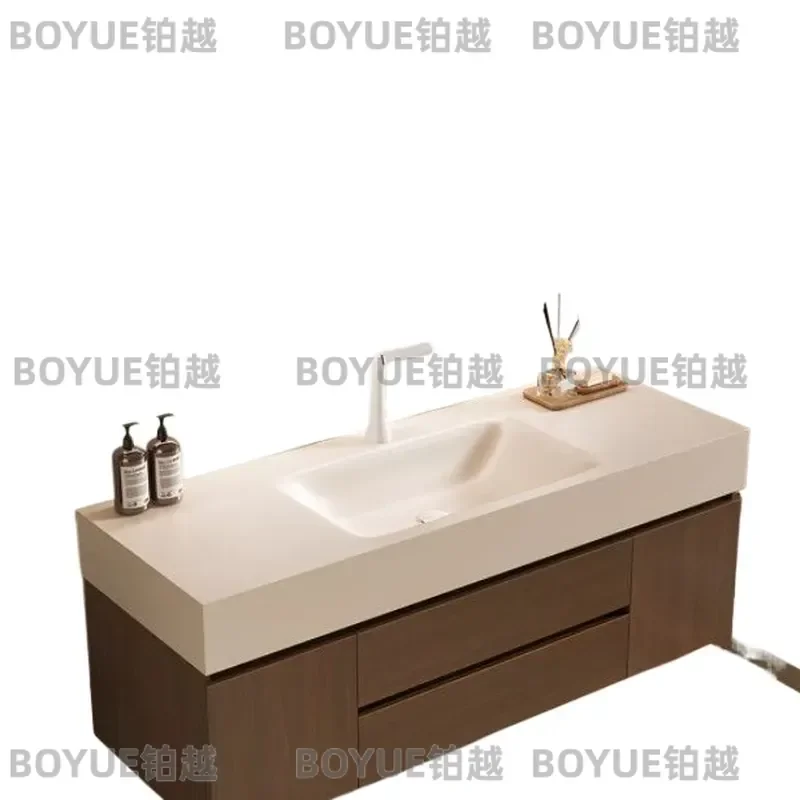 Medieval Style Bathroom Vanity Cream Rock Slab Hot Bending Integrated Basin Washbasin Cabinet Combo Modern Sink Unit